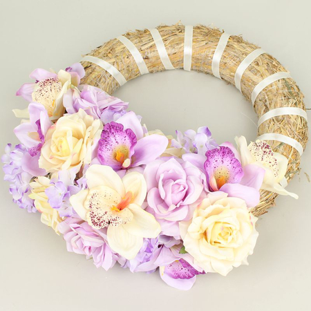 Straw wreath base wedding flower composition