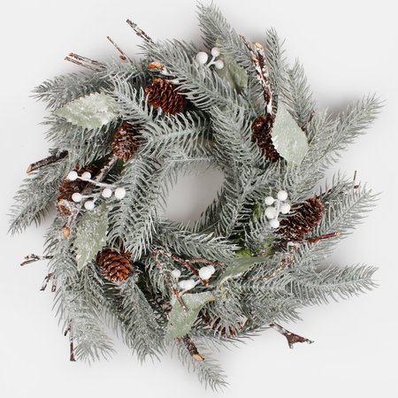 Coniferous wreath 25 cm frosted with natural cones