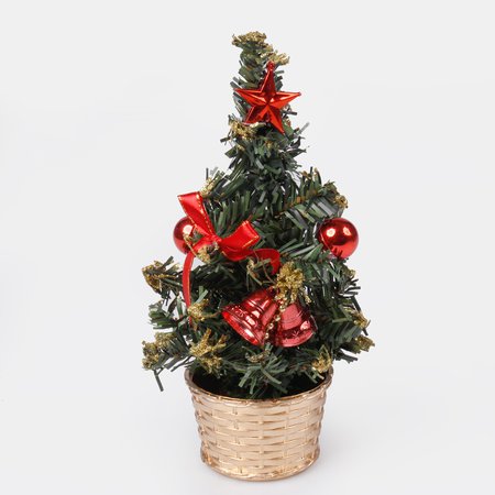 Tabletop small christmas tree 19 cm with decorations and glitter in a pot