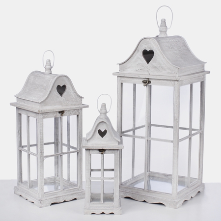 Wooden lantern with heart shaped elements x 3